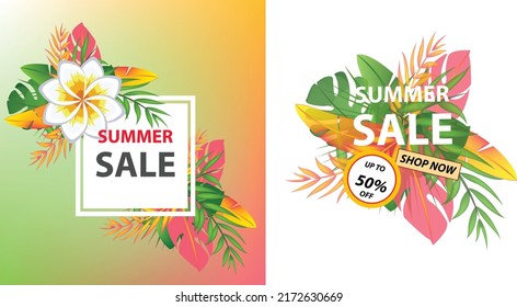 Summer Sale Design with Flower and Exotic Palm Leaves on Blue Wood Board Background. Tropical Floral Special Offer Illustration for Coupon, Voucher, Banner, Flyer, Promotional Poster Version