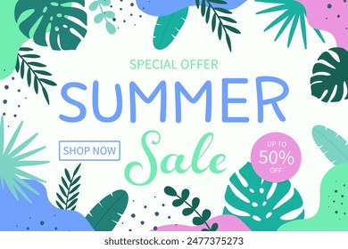 Summer Sale design. Holiday background with tropical leaves. Vector illustration