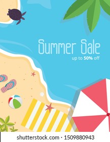 Summer Sale Design with images of beach umbrellas, sandals, ball mats, and turtles that use an aerial view