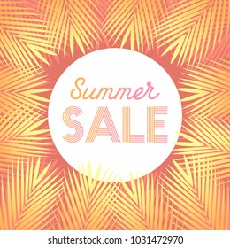 Summer sale design layout for banner, advertisement, Background with trendy stripes, coconut palm leaves.