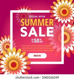 Summer sale design layout for banner, advertisement, card, poster etc. Background with trendy frame with origami flowers