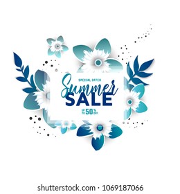 Summer sale design layout for banner, advertisement, card, poster. Background with origami flowers