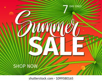 Summer sale design layout for banner, advertisement, card, poster. Tropical trendy theme  with palm leaves