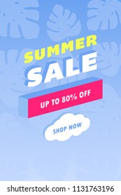 Summer sale design layout for banner, advertisement, card, poster etc. Background with trendy stripes, coconut palm leaves and gradient background