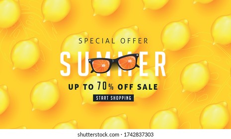 Summer sale design with lemon tropical abstract background layout banners .Vector illustration template.