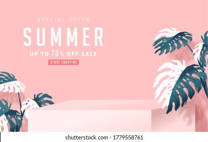 Summer sale design with monstera leaves decorating bright Color background layout banners template.