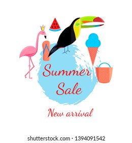 Summer sale design. New arrival.  Banner template. Flamingo, tropical leaf monstera, slise of watermelon, toucan, ice cream on white background. Vector illustration