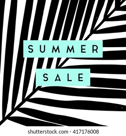 Summer sale design with palm leaves silhouettes background in black and white.
