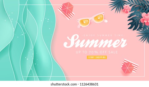 Summer sale design with paper cut tropical beach bright Color background layout banners .Orange sunglasses concept.voucher discount.Vector illustration template.