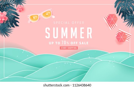 夏季銷售設計與紙切熱帶海灘明亮的顏色背景佈局橫幅。橙色太陽鏡概念。