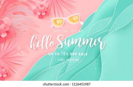 Summer sale design with paper cut tropical beach bright Color background layout banners .Orange sunglasses concept.voucher discount.Vector illustration template.