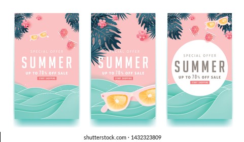 Summer sale design with paper cut tropical beach bright Color background layout banners .Orange sunglasses concept.voucher discount.Vector illustration template.