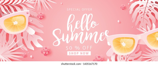 Summer sale design with paper cut tropical beach bright Color background layout banners .Orange sunglasses concept.voucher discount.Vector illustration template.