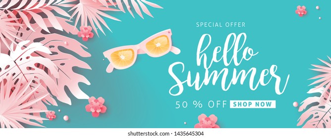 Summer sale design with paper cut tropical beach bright Color background layout banners .Orange sunglasses concept.voucher discount.Vector illustration template.