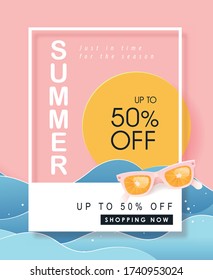 Summer sale design with paper cut tropical beach bright Color background layout banners .Orange sunglasses concept.voucher discount.Vector illustration template.