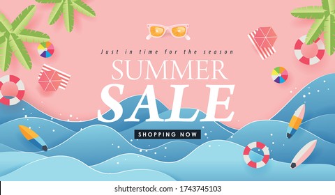 Summer sale design with paper cut tropical beach bright Color background layout banners .Paper art concept.voucher discount.Vector illustration template.