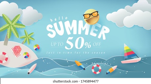 Summer sale design with paper cut beach island with summer elements  in blue sky background.Vector illustration template.