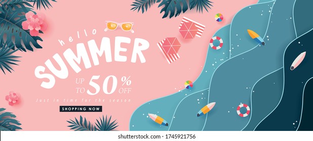 Summer sale design with paper cut tropical beach bright Color background layout banners.Vector illustration template.