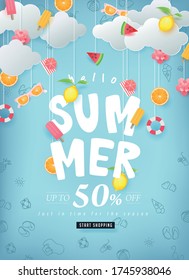 Summer sale design with paper cut summer elements hanging on clouds background.Vector illustration template.