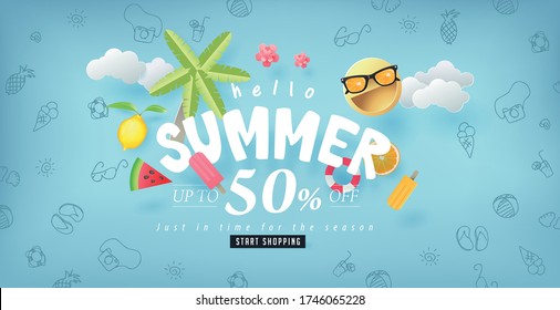 Summer sale design with paper cut summer elements background.Vector illustration template.