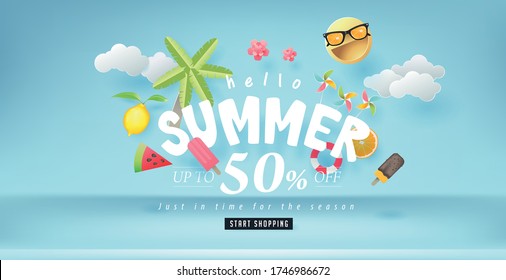 Summer sale design with paper cut summer elements background.Vector illustration template.