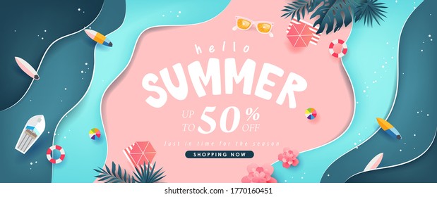 Summer sale design with paper cut tropical beach bright Color background layout banners template.Paper art concept.