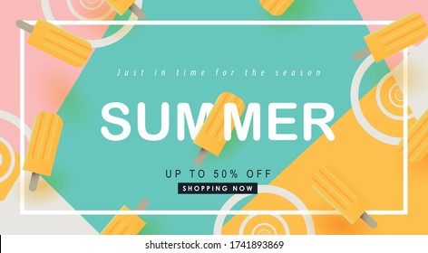 Summer sale design with pretty yellow ice cream Color background layout banner .Vector illustration template.
