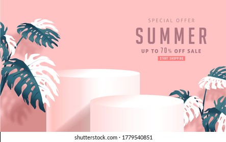Summer sale design with product display cylindrical shape and monstera leaves decorating bright Color background.