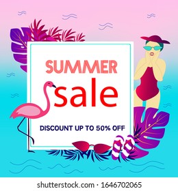 
Summer Sale Design, Shocked Woman, flamingo - Discount Template Vector Illustration.