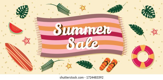 summer sale design with some flora elements, surf boards and buoys