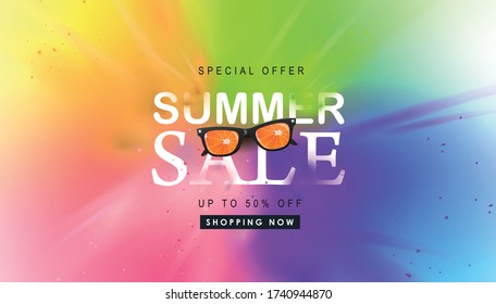 Summer sale design with splash background layout banner.Orange sunglasses concept.Vector illustration template.