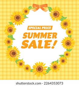 Summer sale design with sunflower wreath. Vector Illustration.