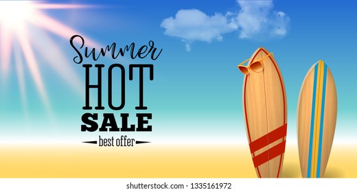 Summer sale design with surf board native graffiti on the blue ocean background with sea life and realistic sun flare. Big sale poster.