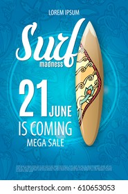 Summer sale design with surf board native graffiti on the blue ocean background with sea life wild animals pattern. Big sale poster. Vector illustration