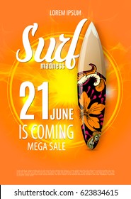 Summer sale design with surf board native graffiti on the blue ocean background with sea life wild animals pattern. Big sale poster. Vector illustration