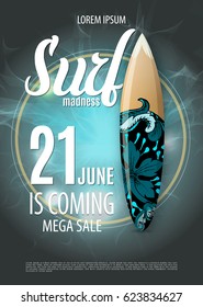Summer sale design with surf board native graffiti on the blue ocean background with sea life wild animals pattern. Big sale poster. Vector illustration