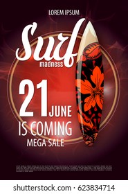 Summer sale design with surf board native graffiti on the blue ocean background with sea life wild animals pattern. Big sale poster. Vector illustration