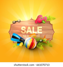 Summer sale design template with summer accessories on orange background