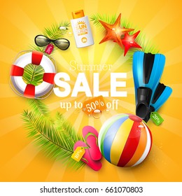 Summer sale design template with summer accessories on orange background