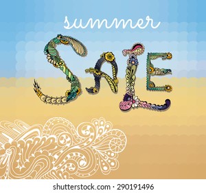 Summer sale design template on geometric background. Abstract beach.