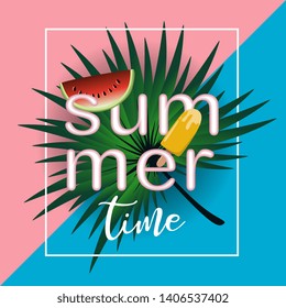 Summer sale design template with palm leaf, watermelon, and ice cream.