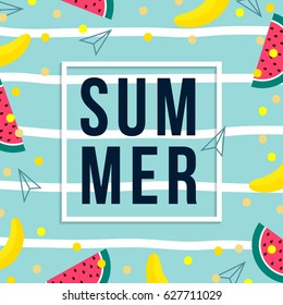 summer sale design template. pattern with fruits, banana, watermelon and geometric elements in memphis style background, vector