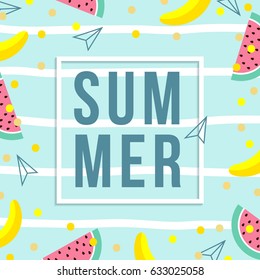 summer sale design template. pattern with fruits, banana, watermelon and geometric elements in memphis style background, vector