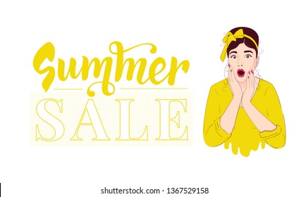 Summer sale design template . Pin up girl wow. Surprised woman. Portrait in retro style