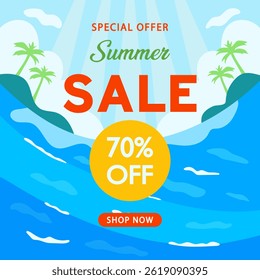 Summer sale, design template with sea and palm trees. Vector.