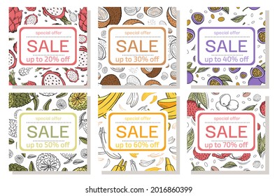 Summer sale  design template set with various fruit pattern and 20, 30, 40, 50, 60 and 70% discount on white background for promotion, banner, poster, highlight. Vector illustration