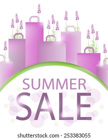 Summer sale design template with shopping bags and lavender.