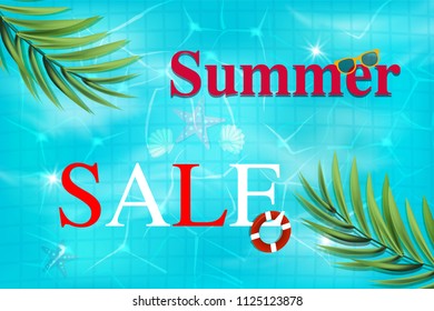   Summer sale design template. Swimming pool top view background. luxury swimming pool.
 Summer background. Texture of water surface. Overhead view. Vector illustration. Hello summer.
