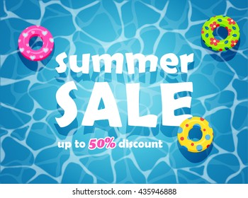 Summer sale design template. Top view of colorful swim rings on blue water background. vector illustration.