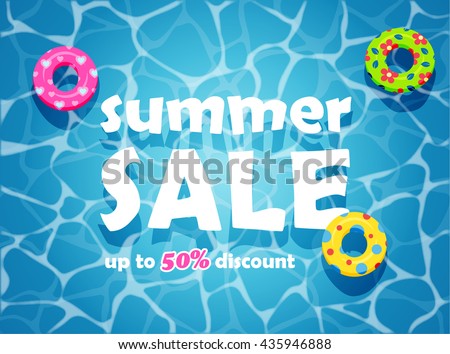 Summer sale design template. Top view of colorful swim rings on blue water background. vector illustration.